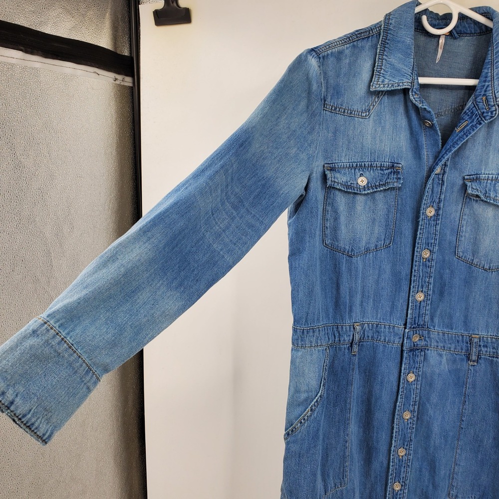 Free People Blue Denim Cotton Linen Button Front Midi Shirt Dress Medium Western - Picture 4 of 13